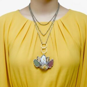 Citrine Sea Glass & Broken China Artisan Pendant Vintage Triple Chain Necklace